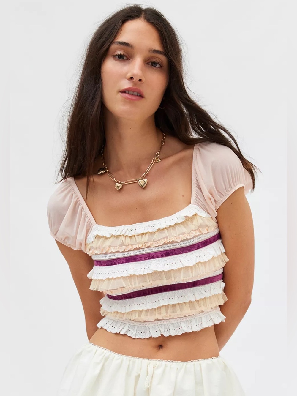 NWT Kimchi Blue Liliana Lace Striped Velvet Ruffle Top UO Urban Outfitters XS